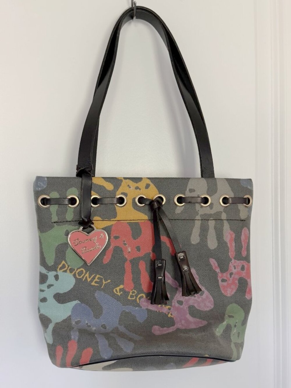 Dooney & Bourke Coated Canvas Bag in the Retired Multicolor Handprint Pattern